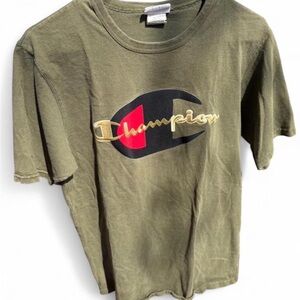 Vintage Champion Olive Green Logo T-Shirt with Black, Red & Gold Accent
